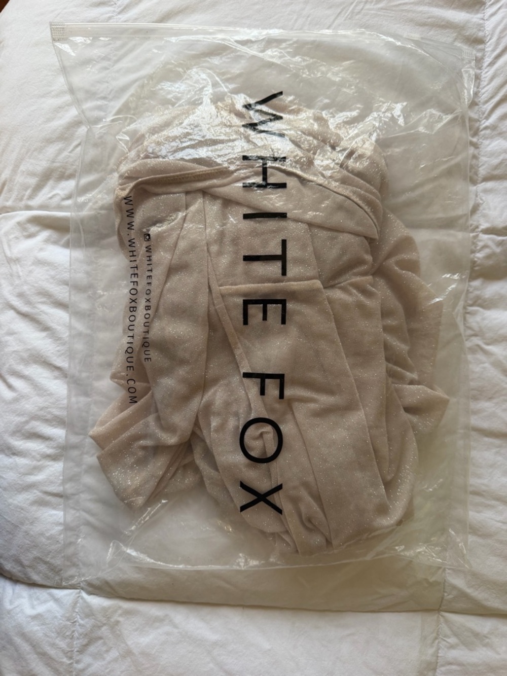 White Fox Boutique Off-Shoulder Ruched Bodycon Mini Dress - Light Beige - Picture 3 of 5